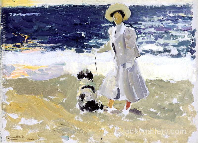 Lady and Dog on the Beach by Joaquin Sorolla y Bastida paintings reproduction